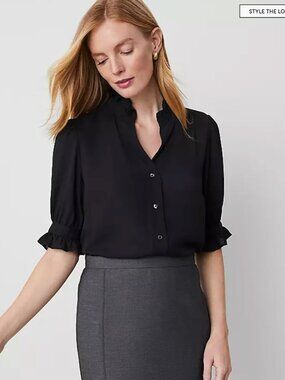 Ann Taylor New Black Ruffle Sleeve Button-Front Blouse, XXL